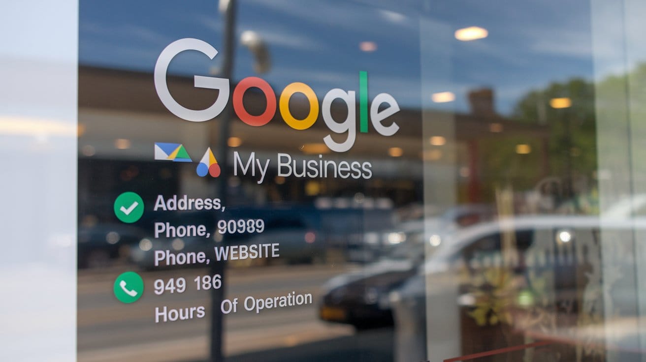 a Google My Business profile for a local business. The profile has the business name, address, phone number, website, and hours of operation.