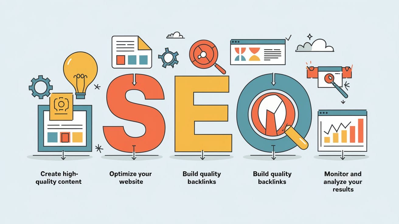  step-by-step infographic illustration of mastering the basics of SEO.