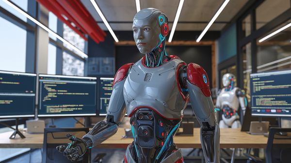 A 3D render of a scene where a humanoid robot, Claude 3.5 Sonnet, is being unleashed as a hacker.