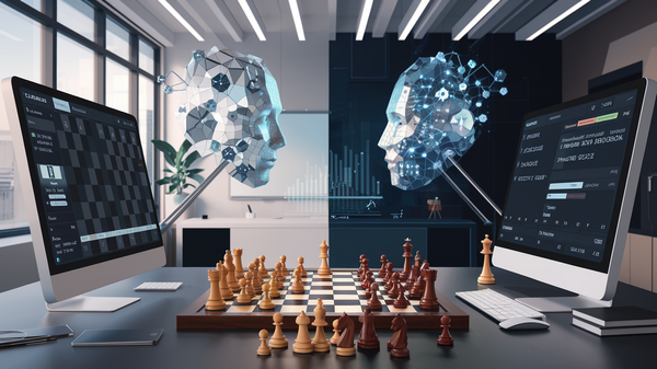 A digital artwork of a chess match between Claude 3.5 and GPT-4o. The background is a contemporary office.