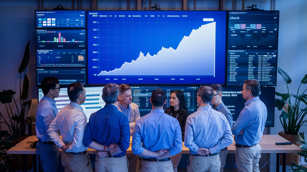 A photo of technology professionals gathered around a large screen displaying a graph with a steep upward trend.