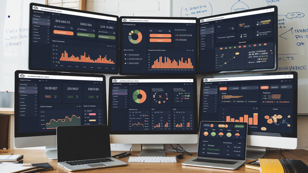 an image of a table with multiple computer monitors