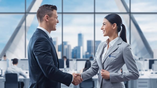 A B2B marketing campaign image with a businessman shaking hands with a woman in a suit.