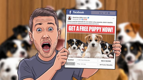 A cartoon-style image of a man with a shocked expression, holding a Facebook ad.