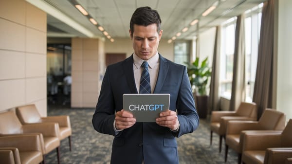 A cinematic shot of a businessman in a suit standing in a modern office.