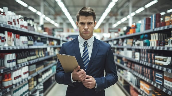 A cinematic shot of a salesperson standing in a sales floor with various products displayed on shelves.