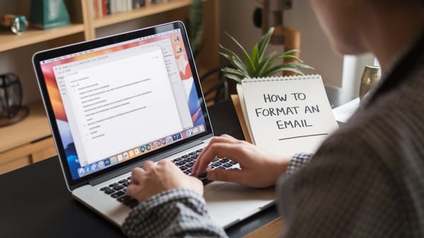 A cinematic shot of a woman typing an email on her laptop.