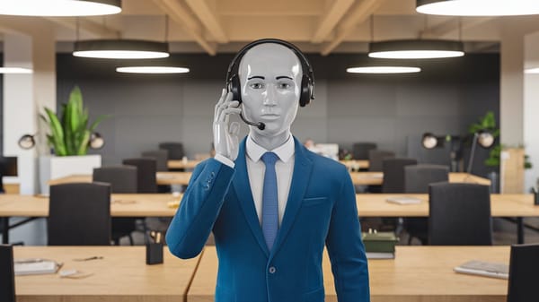 A cold calling scenario with an AI-generated voice. The AI is a human-like figure with a headset.