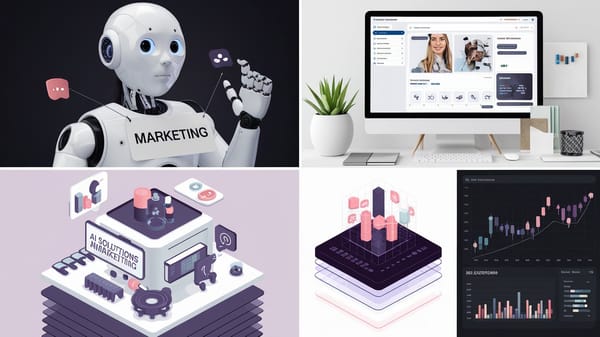 A collage of AI solutions in B2B marketing. The top left image shows a robot with a marketing sign around its neck.