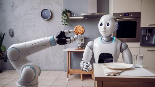 A futuristic scene with a robotic arm holding a cookie. 