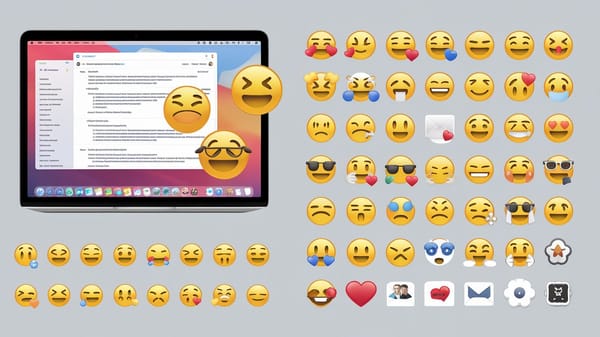 A guide to using emojis in emails. There is a laptop with an email open, displaying various emojis.