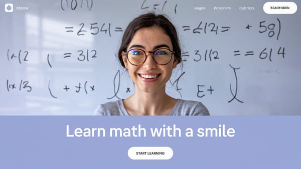 A landing page with a large header image of a young woman with dark hair wearing glasses, smiling.