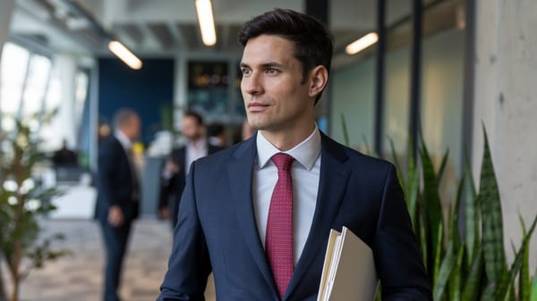 A man in a suit is standing in a modern office setting. 