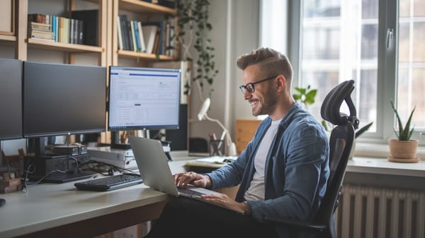 A man with a laptop is sitting in a cozy office.