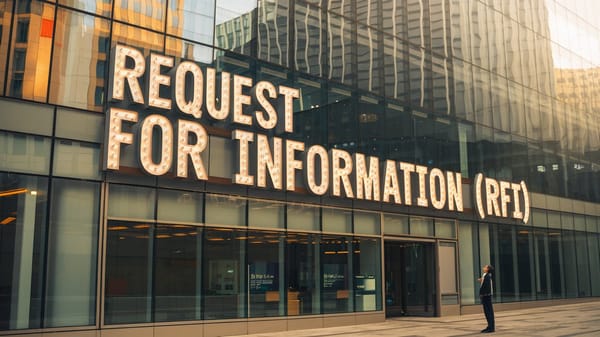 A photo of a building facade with a large, illuminated sign that says "Request for Information (RFI)".