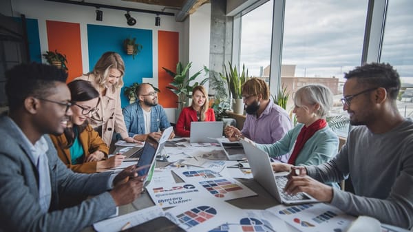 A photo of a diverse group of people working collaboratively on a team.