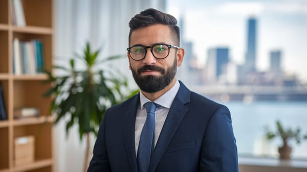 A photo of a man with a beard wearing glasses and a suit. 