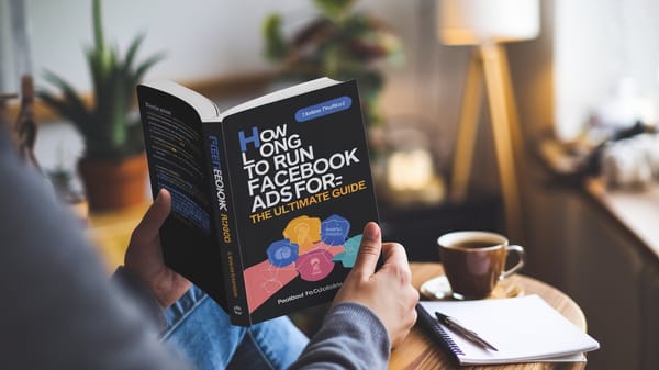 A photo of a person reading a book titled "How Long To Run Facebook Ads For: The Ultimate Guide". 