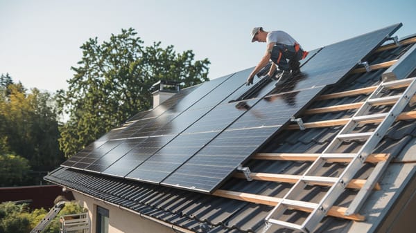 A photo of a solar panel installation on a roof. There's a worker on the ladder installing the panel.