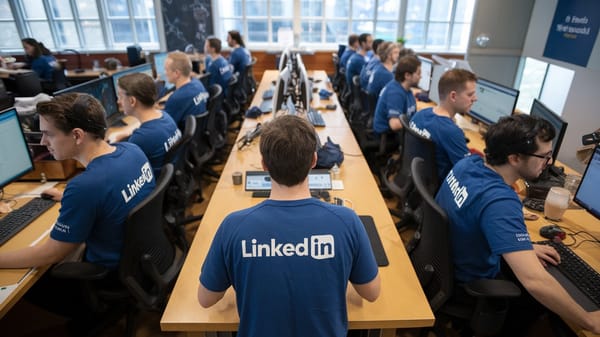 A photo of LinkedIn's support team. There are several team members seated at a long table.