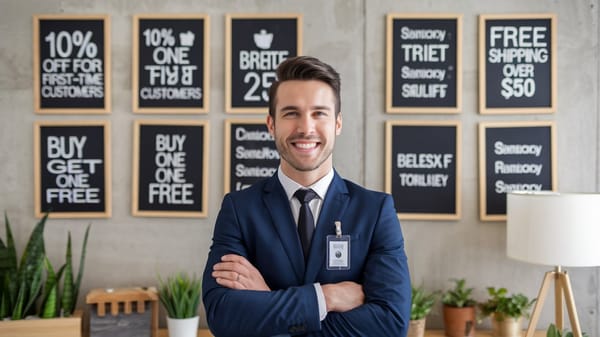 A photo of a salesperson with a confident smile. He is wearing a suit and a badge.