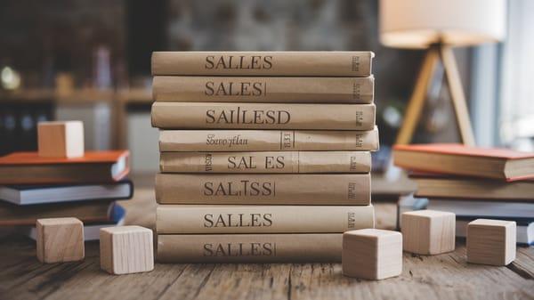 A photo of ten sales books stacked neatly on a wooden surface.