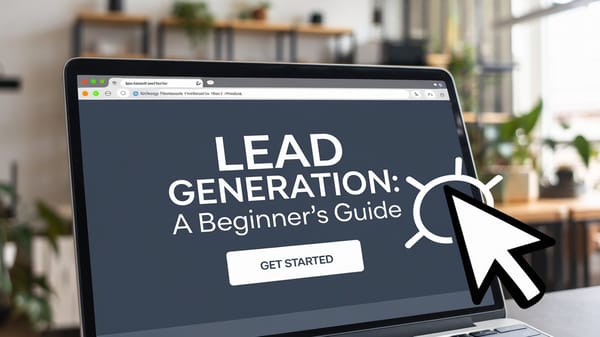 A laptop computer screen displaying a webpage with the title "Lead Generation: A Beginner's Guide".