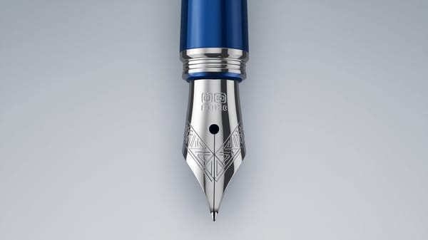 A high-definition simulation icon of a pen with a blue ink barrel and a silver nib.