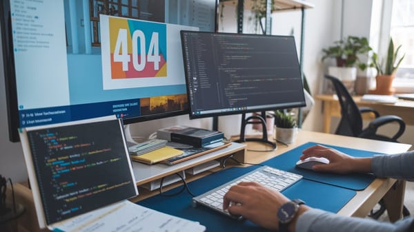 A web developer's managing a website. There's a monitor displaying a website with a 404 error page.